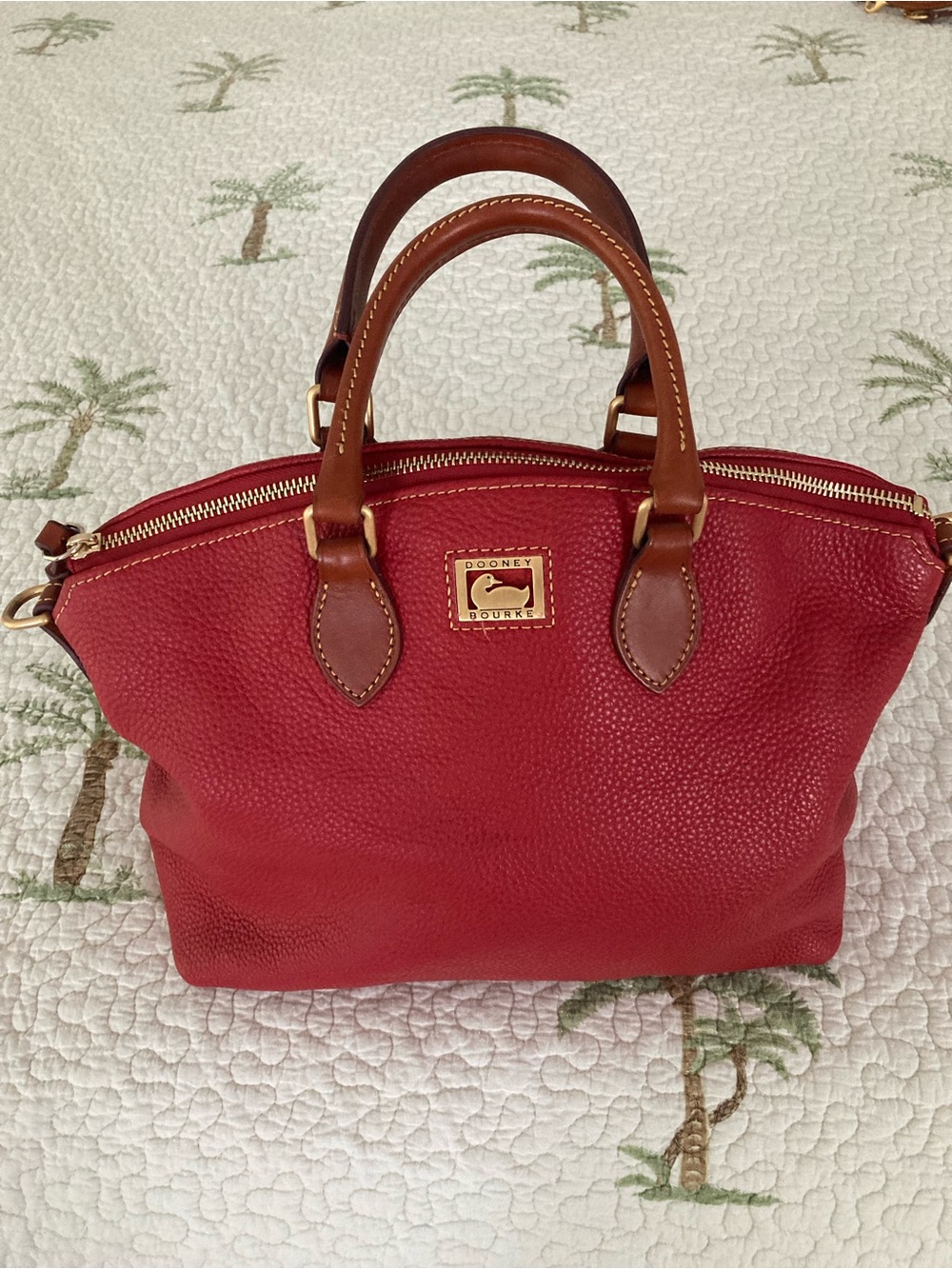 Dooney & Bourke Red Pebble Leather Satchel with Brown Trim